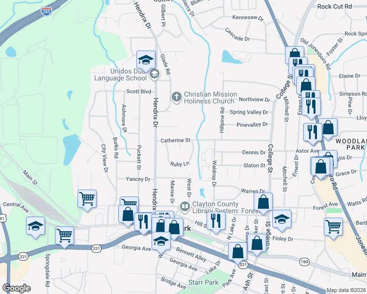 map of restaurants, bars, coffee shops, grocery stores, and more near 4648 Farris Circle in Forest Park