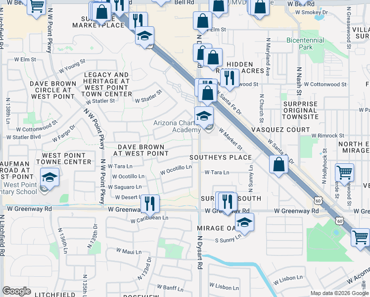 map of restaurants, bars, coffee shops, grocery stores, and more near 13184 West Ironwood Street in Surprise