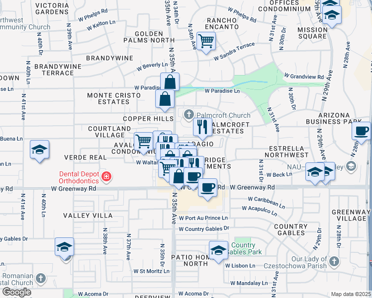 map of restaurants, bars, coffee shops, grocery stores, and more near 15645 North 35th Avenue in Phoenix