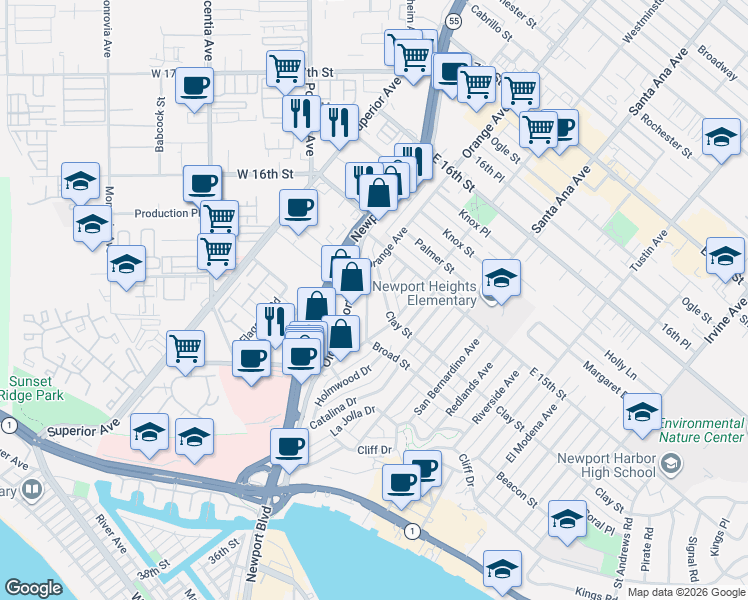map of restaurants, bars, coffee shops, grocery stores, and more near 486 Old Newport Boulevard in Newport Beach