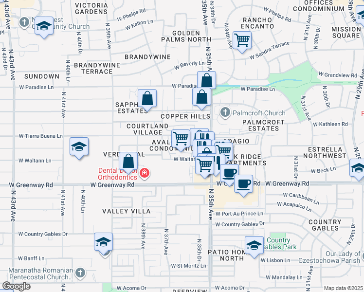 map of restaurants, bars, coffee shops, grocery stores, and more near 3535 West Tierra Buena Lane in Phoenix