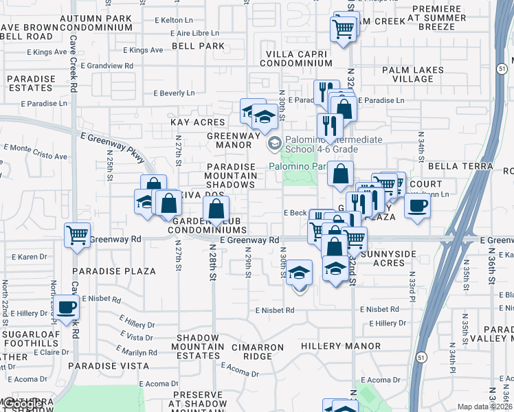 map of restaurants, bars, coffee shops, grocery stores, and more near 15455 North 29th Street in Phoenix