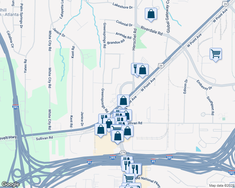 map of restaurants, bars, coffee shops, grocery stores, and more near 2601 Roosevelt Highway in College Park