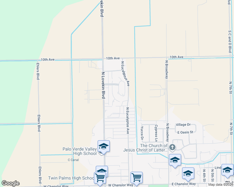 map of restaurants, bars, coffee shops, grocery stores, and more near 1085 La Palma Drive in Blythe