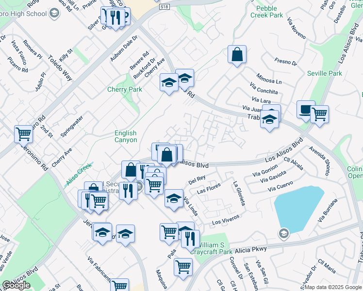 map of restaurants, bars, coffee shops, grocery stores, and more near 26068 Via Pera in Mission Viejo