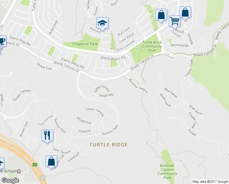 map of restaurants, bars, coffee shops, grocery stores, and more near 57 Sweet Bay in Irvine