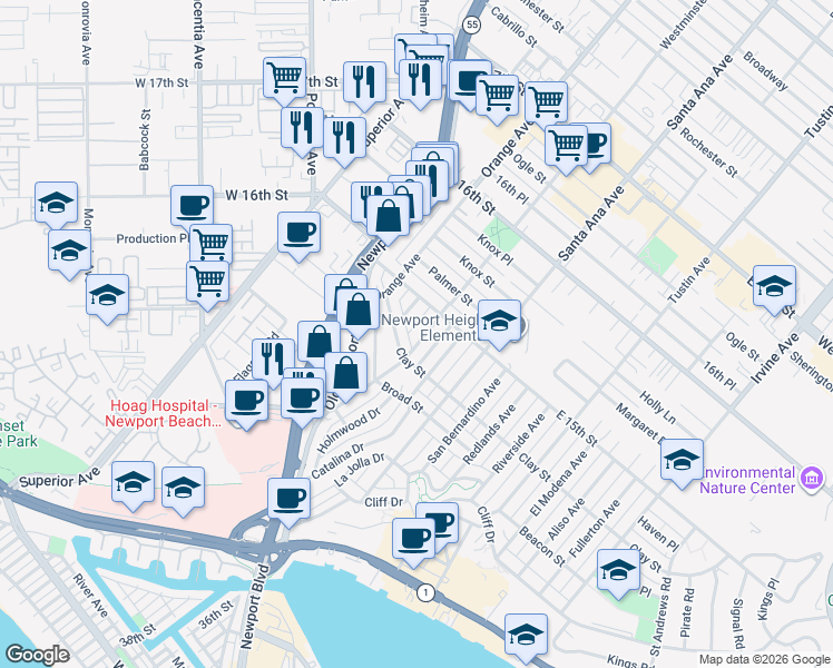 map of restaurants, bars, coffee shops, grocery stores, and more near 521 Westminster Avenue in Newport Beach