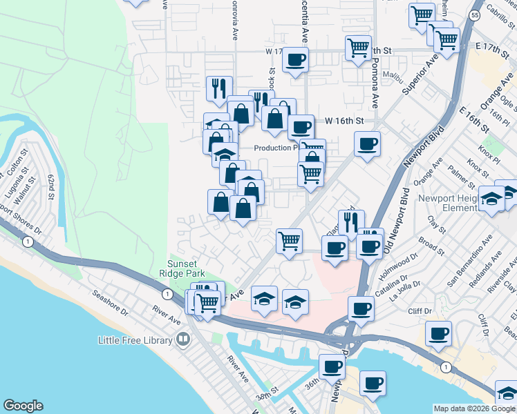 map of restaurants, bars, coffee shops, grocery stores, and more near 12 Shellprint Court in Newport Beach