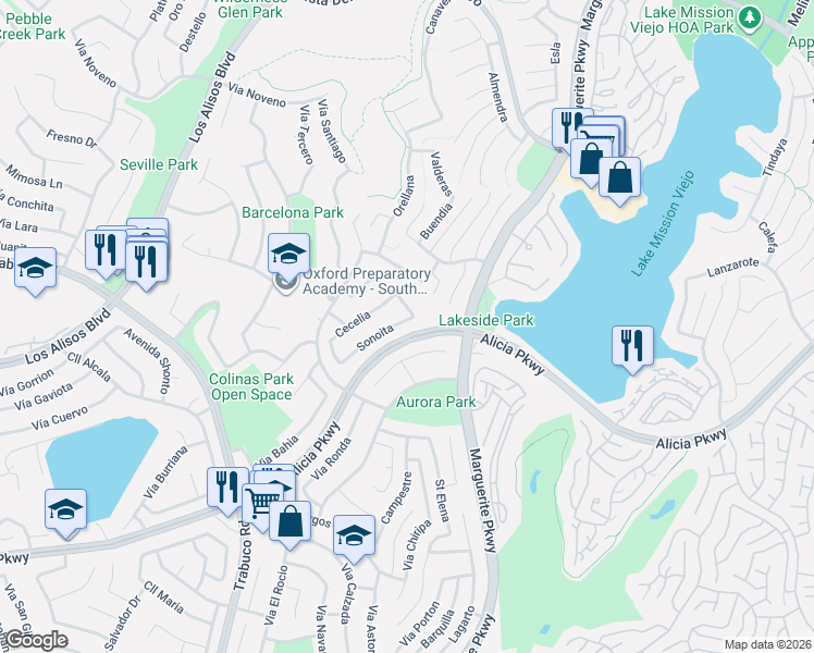 map of restaurants, bars, coffee shops, grocery stores, and more near 23032 Sonoita in Mission Viejo