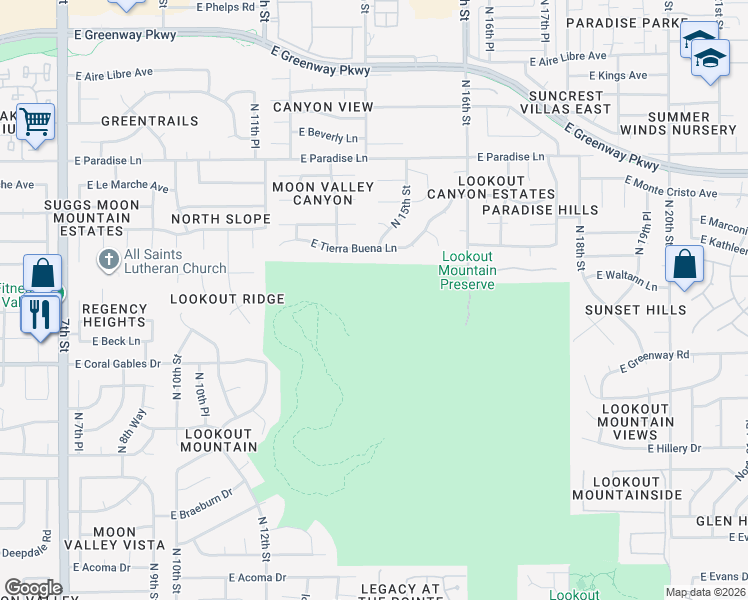 map of restaurants, bars, coffee shops, grocery stores, and more near 1501-1509 East Tierra Buena Lane in Phoenix