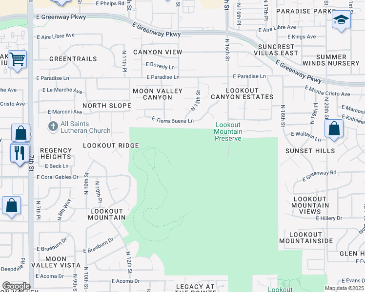 map of restaurants, bars, coffee shops, grocery stores, and more near 1501-1509 East Tierra Buena Lane in Phoenix
