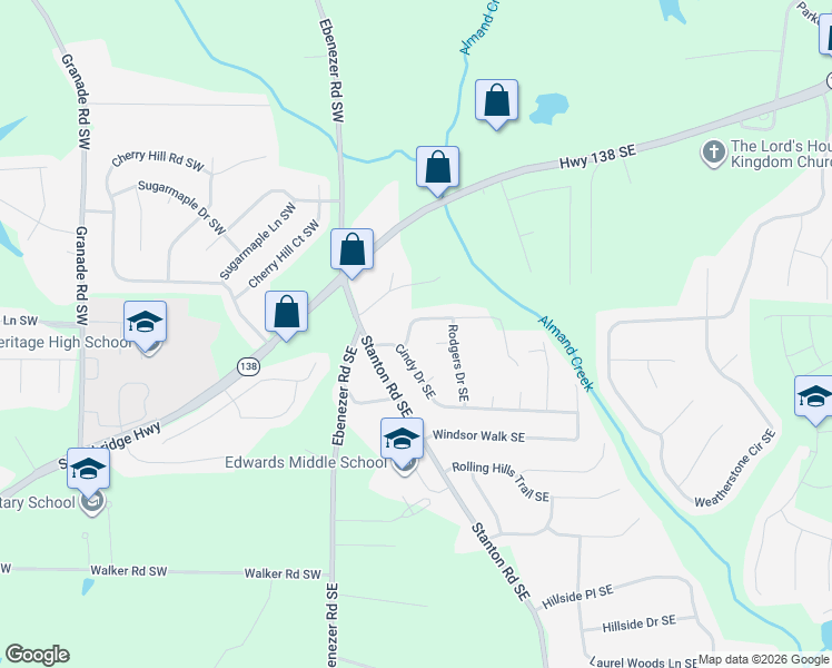 map of restaurants, bars, coffee shops, grocery stores, and more near 307 Morris Drive Southeast in Conyers