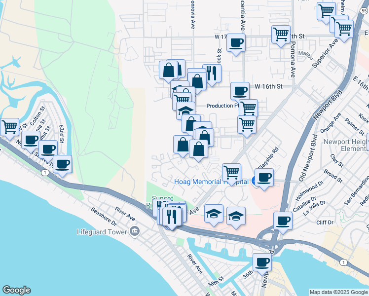 map of restaurants, bars, coffee shops, grocery stores, and more near 10 Wild Goose Court in Newport Beach