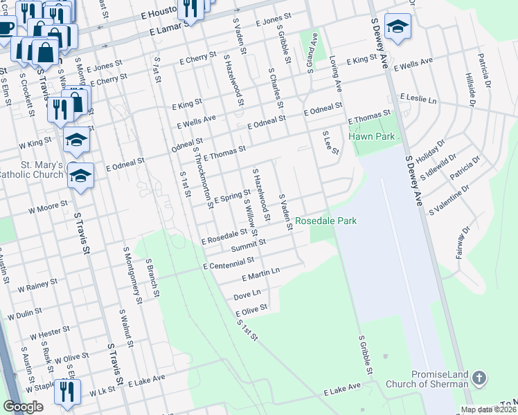 map of restaurants, bars, coffee shops, grocery stores, and more near 1112 South Hazelwood Street in Sherman