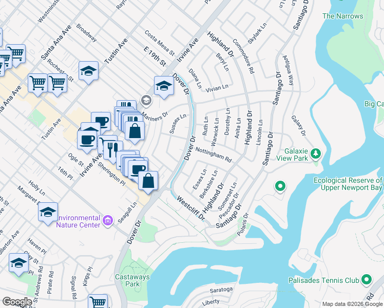 map of restaurants, bars, coffee shops, grocery stores, and more near 1312 Dover Drive in Newport Beach