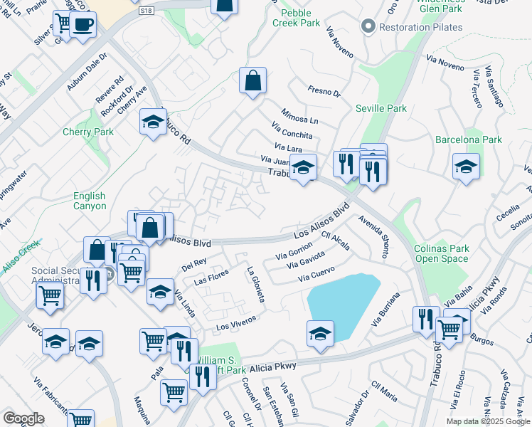 map of restaurants, bars, coffee shops, grocery stores, and more near in Mission Viejo