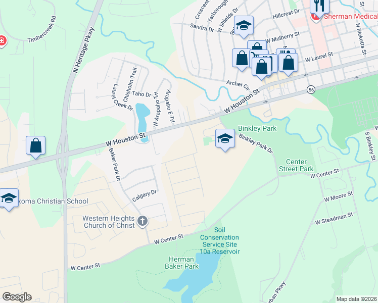 map of restaurants, bars, coffee shops, grocery stores, and more near 2122 West Houston Street in Sherman