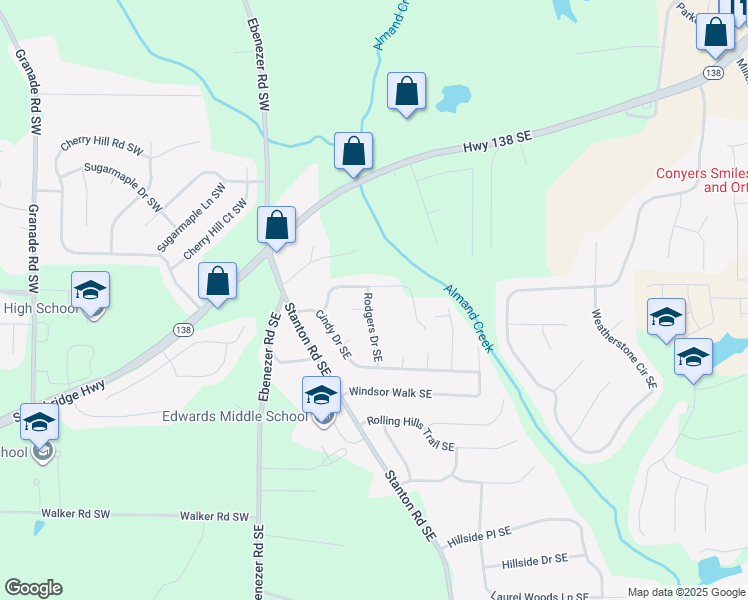 map of restaurants, bars, coffee shops, grocery stores, and more near 2334 Rodgers Drive Southeast in Conyers