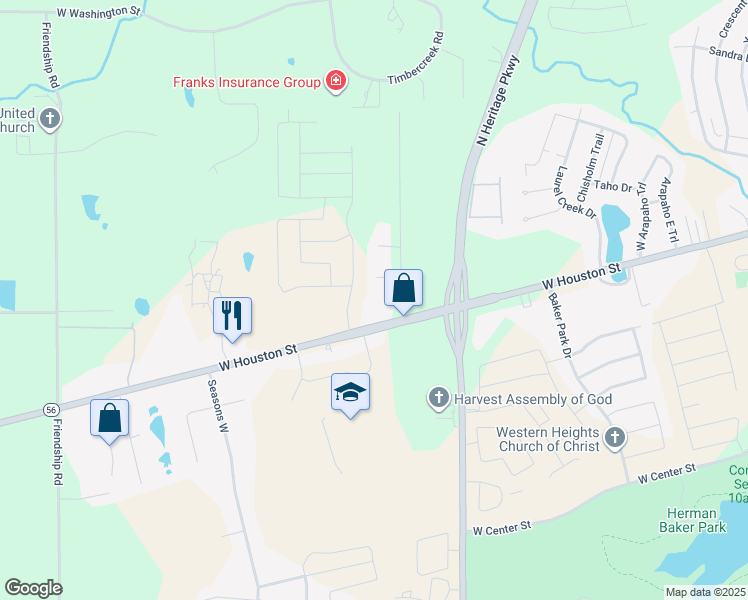 map of restaurants, bars, coffee shops, grocery stores, and more near 3305 West Houston Street in Sherman