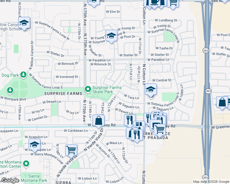 map of restaurants, bars, coffee shops, grocery stores, and more near 15811 North Cristine Lane in Surprise
