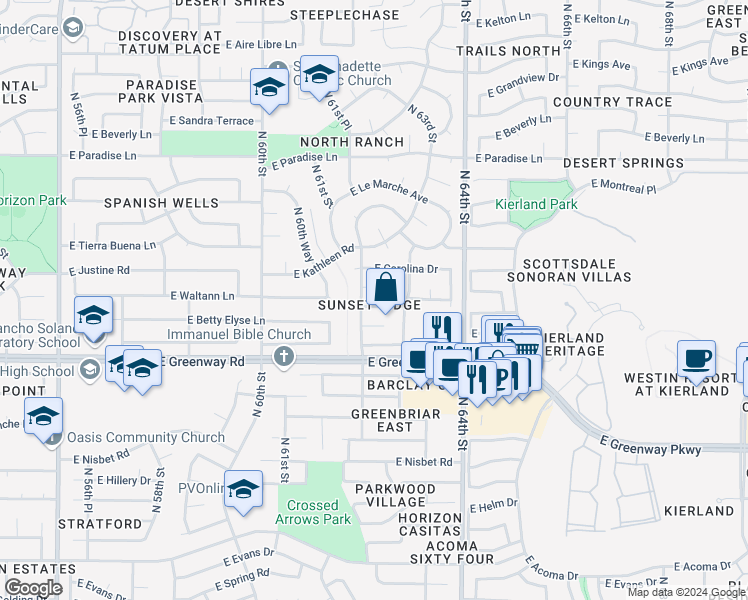 map of restaurants, bars, coffee shops, grocery stores, and more near 6225 East Justine Road in Scottsdale
