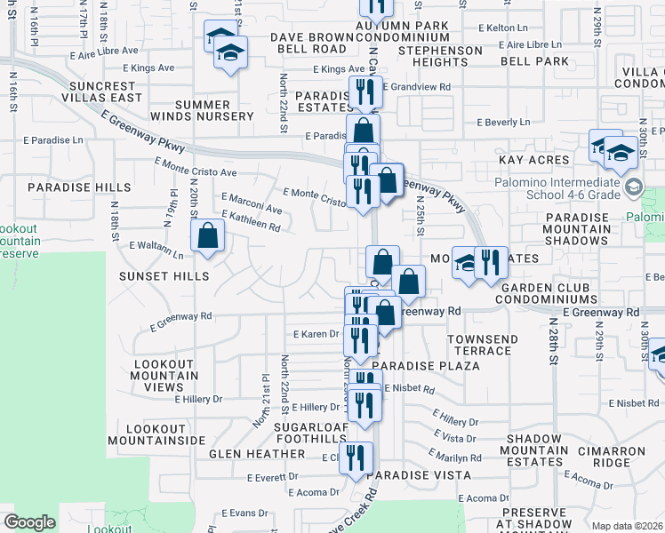 map of restaurants, bars, coffee shops, grocery stores, and more near 15624 North 23rd Street in Phoenix