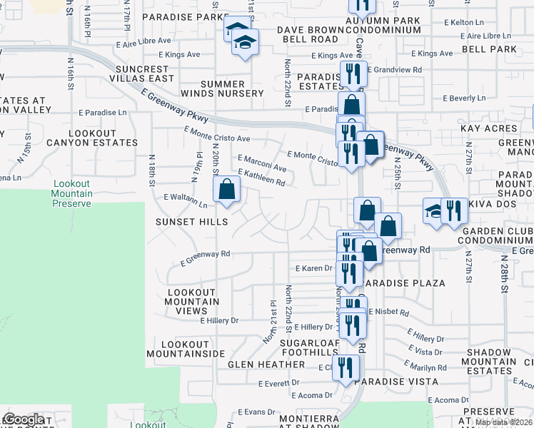 map of restaurants, bars, coffee shops, grocery stores, and more near 15615 North 22nd Street in Phoenix