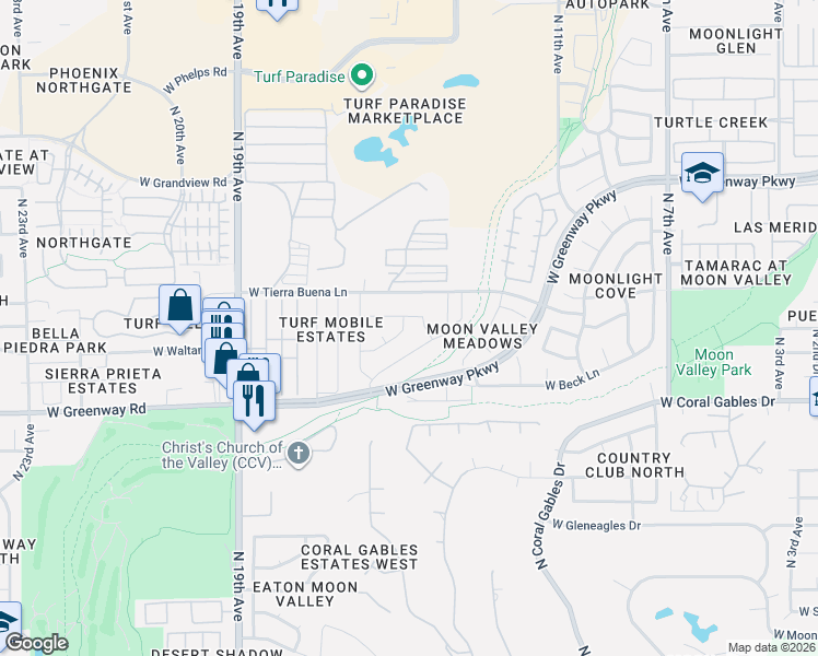 map of restaurants, bars, coffee shops, grocery stores, and more near 1602 West Waltann Lane in Phoenix