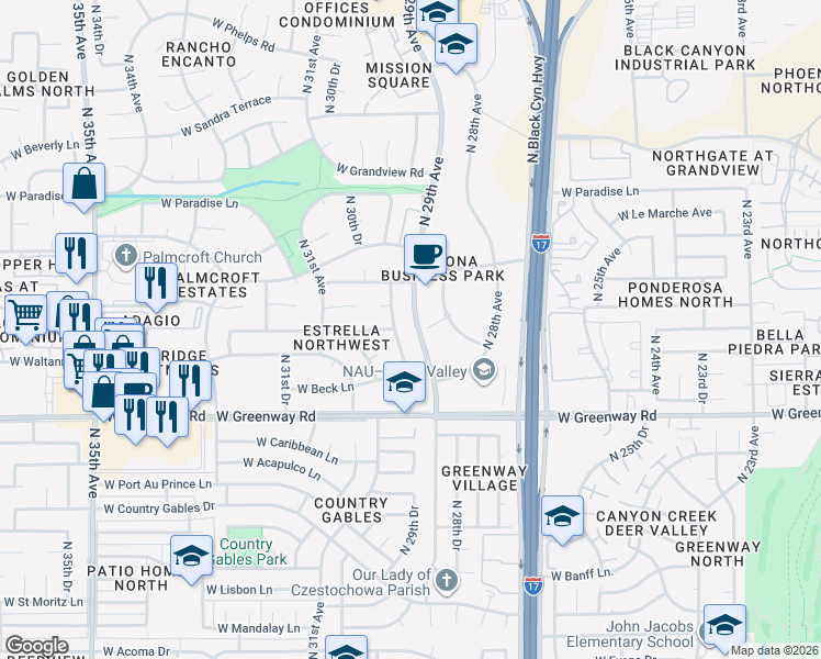 map of restaurants, bars, coffee shops, grocery stores, and more near 15607 North 30th Avenue in Phoenix