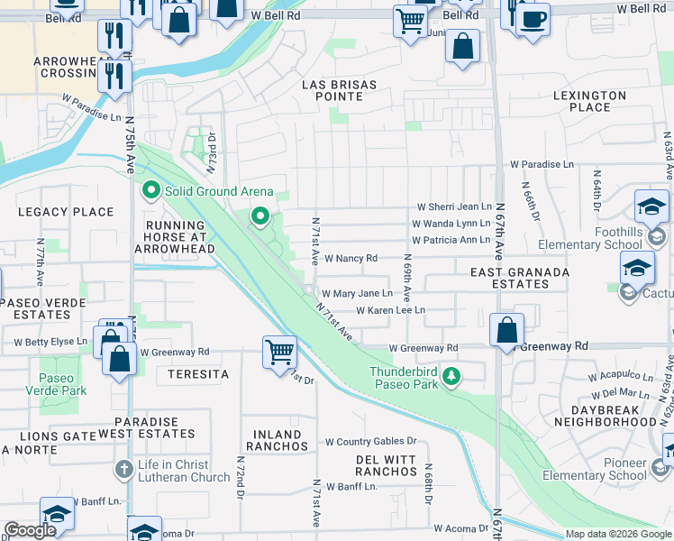 map of restaurants, bars, coffee shops, grocery stores, and more near 7035 West Nancy Road in Peoria