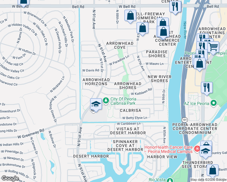 map of restaurants, bars, coffee shops, grocery stores, and more near 8928 West Marconi Avenue in Peoria