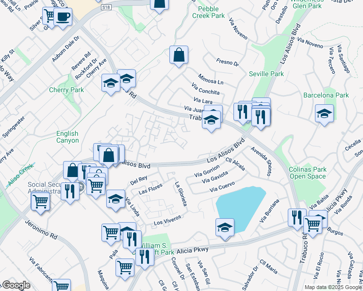 map of restaurants, bars, coffee shops, grocery stores, and more near 26418 Via Roble in Mission Viejo