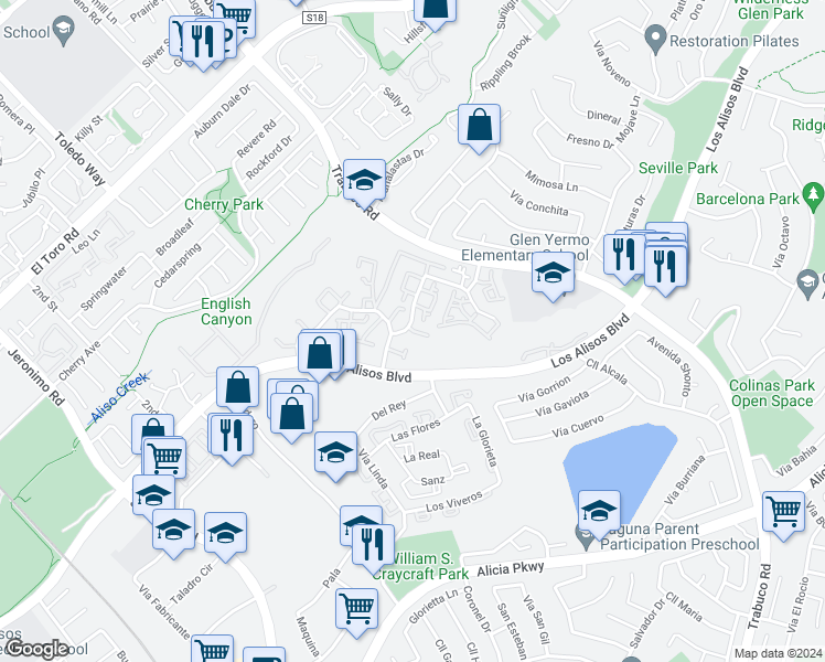 map of restaurants, bars, coffee shops, grocery stores, and more near 22996 Vía Cereza in Mission Viejo