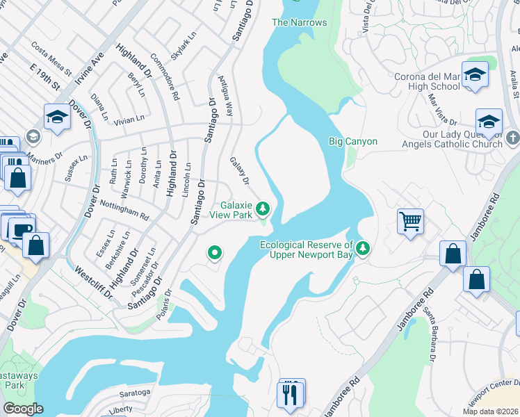 map of restaurants, bars, coffee shops, grocery stores, and more near 1425 Galaxy Drive in Newport Beach