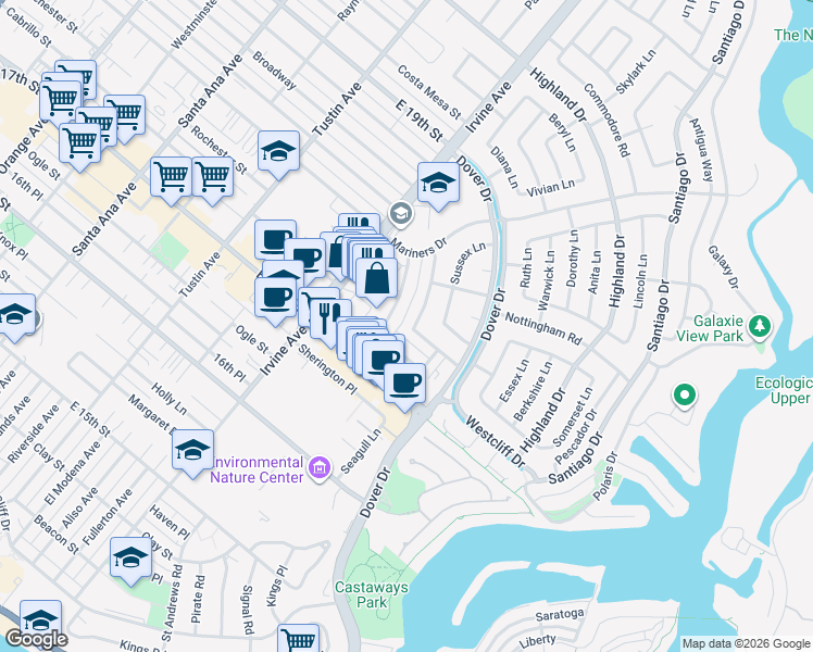 map of restaurants, bars, coffee shops, grocery stores, and more near 1111 Pembroke Lane in Newport Beach