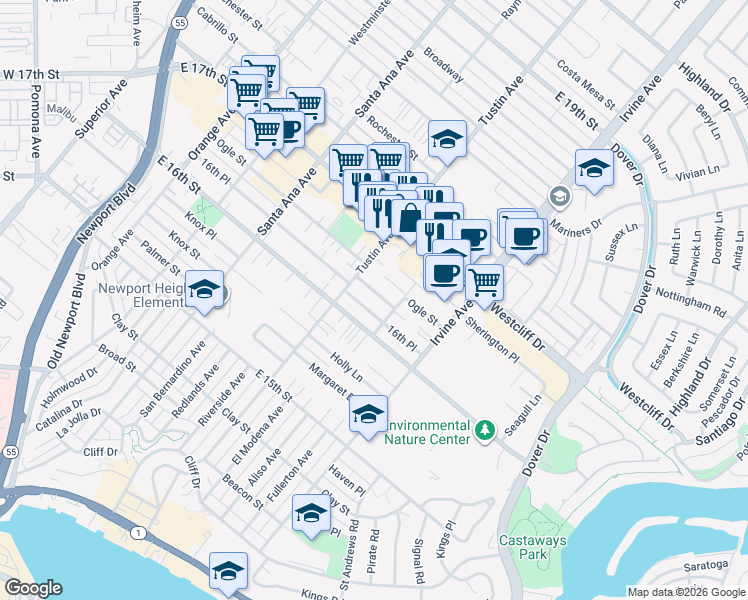 map of restaurants, bars, coffee shops, grocery stores, and more near 411 Lenwood Drive in Costa Mesa