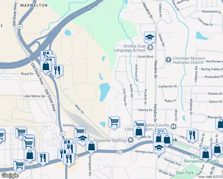 map of restaurants, bars, coffee shops, grocery stores, and more near 410 Barton Drive in Forest Park