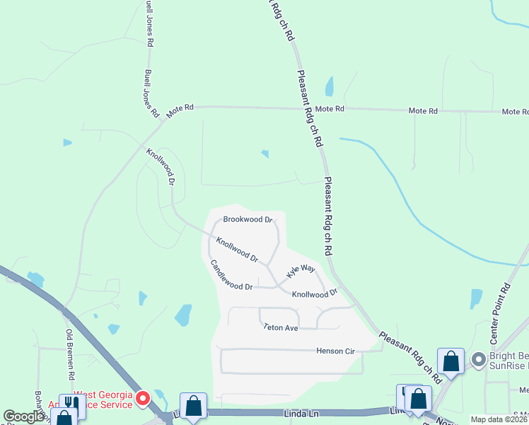 map of restaurants, bars, coffee shops, grocery stores, and more near 204 Brookwood Drive in Carrollton