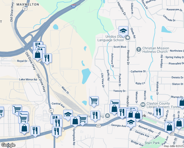 map of restaurants, bars, coffee shops, grocery stores, and more near 410 Barton Drive in Forest Park