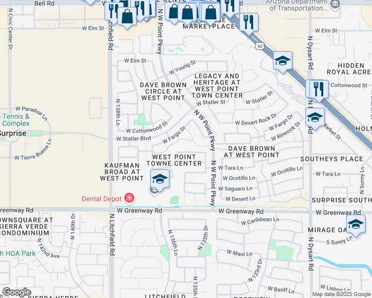 map of restaurants, bars, coffee shops, grocery stores, and more near 13592 West Ironwood Street in Surprise
