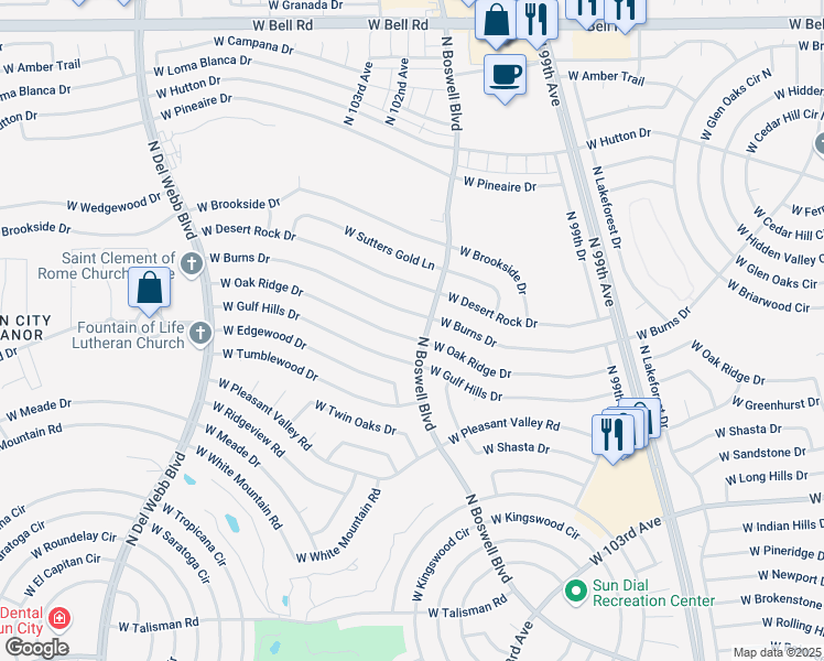 map of restaurants, bars, coffee shops, grocery stores, and more near 10219 West Burns Drive in Sun City