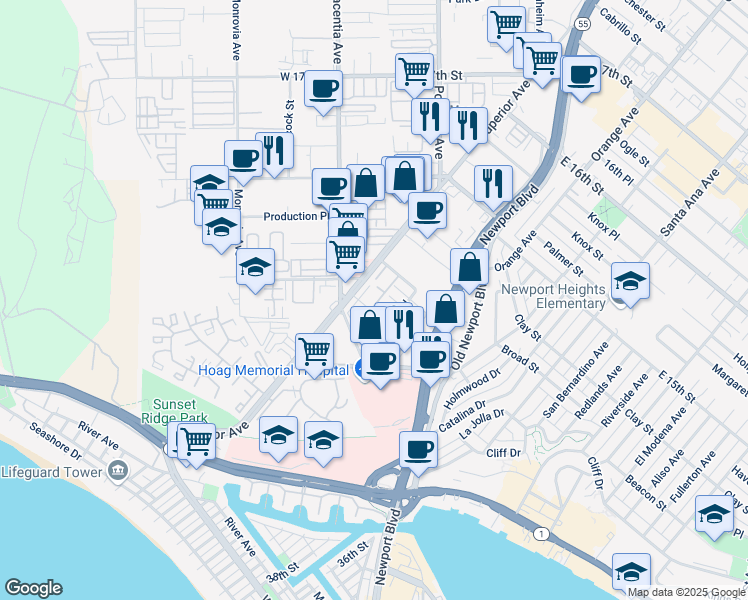 map of restaurants, bars, coffee shops, grocery stores, and more near 430 Orion Way in Newport Beach