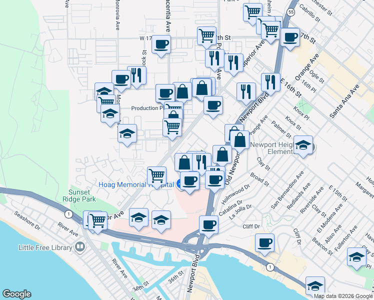 map of restaurants, bars, coffee shops, grocery stores, and more near 430 Orion Way in Newport Beach