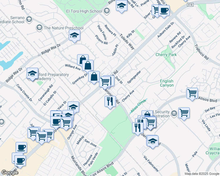 map of restaurants, bars, coffee shops, grocery stores, and more near 23051 Village Drive in Lake Forest