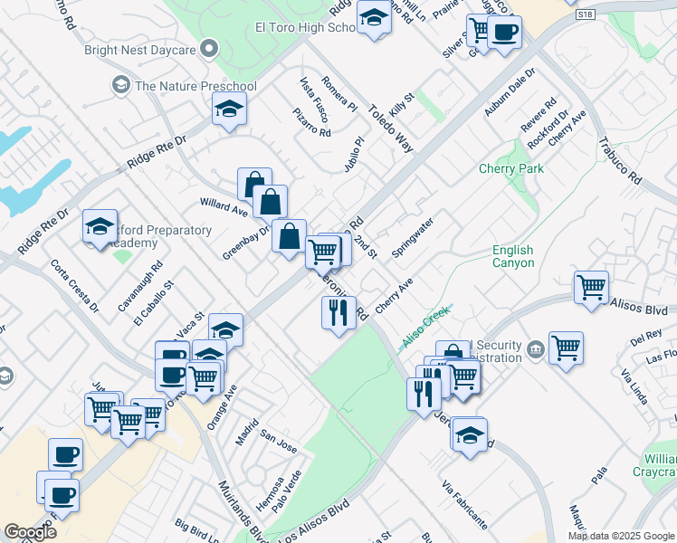 map of restaurants, bars, coffee shops, grocery stores, and more near 22996 El Toro Road in Lake Forest