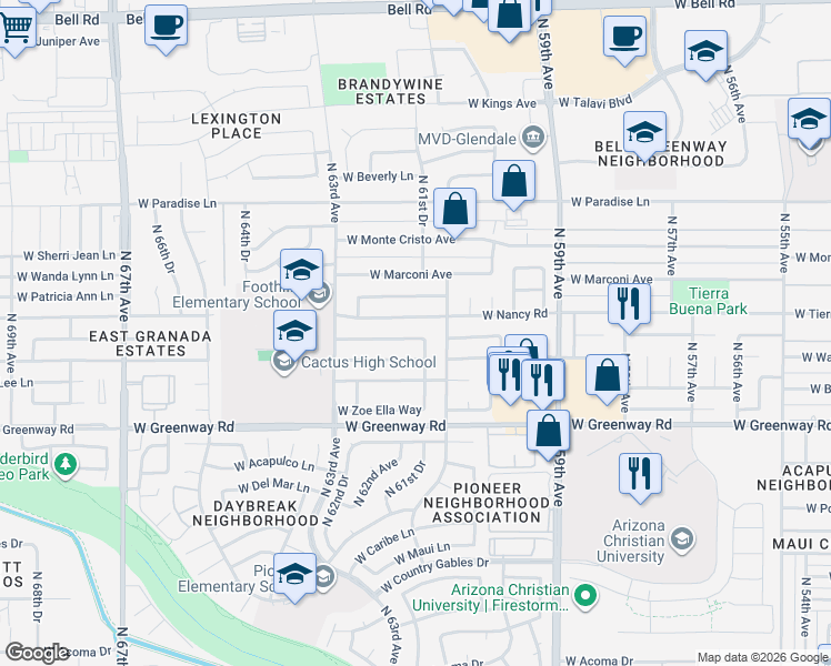 map of restaurants, bars, coffee shops, grocery stores, and more near 6119 West Nancy Road in Glendale
