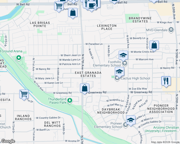 map of restaurants, bars, coffee shops, grocery stores, and more near 6649 West Nancy Road in Glendale