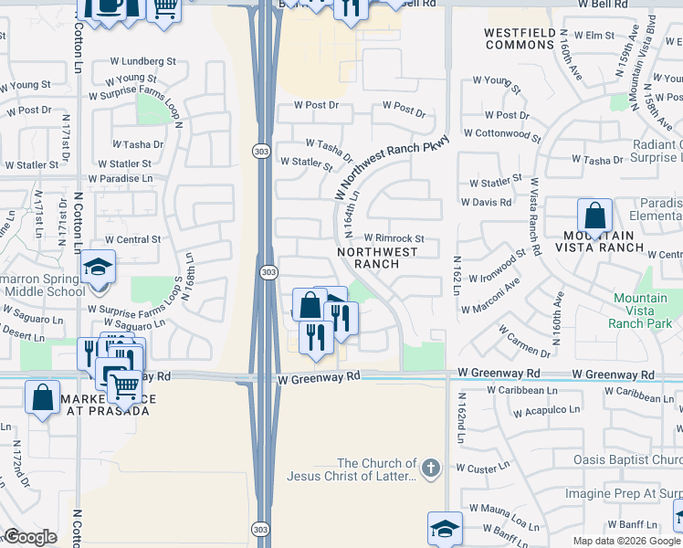 map of restaurants, bars, coffee shops, grocery stores, and more near 15845 North 165th Lane in Surprise