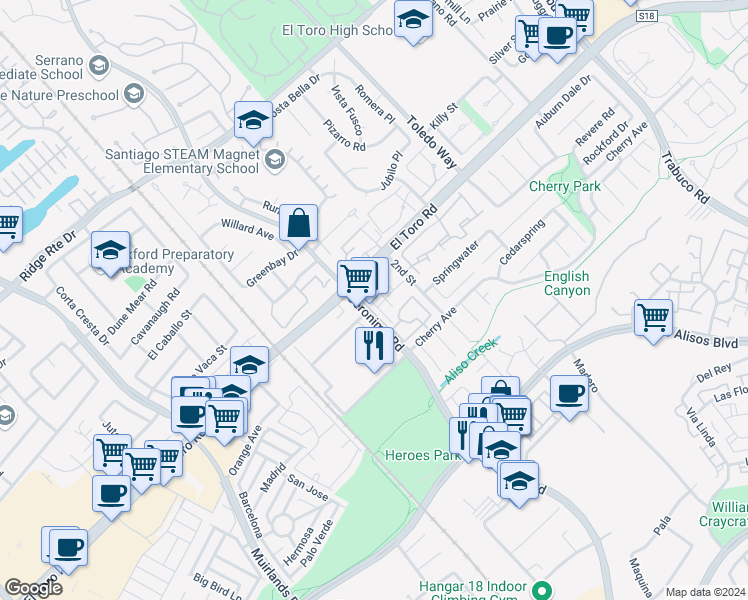 map of restaurants, bars, coffee shops, grocery stores, and more near 23051 Village Drive in Lake Forest