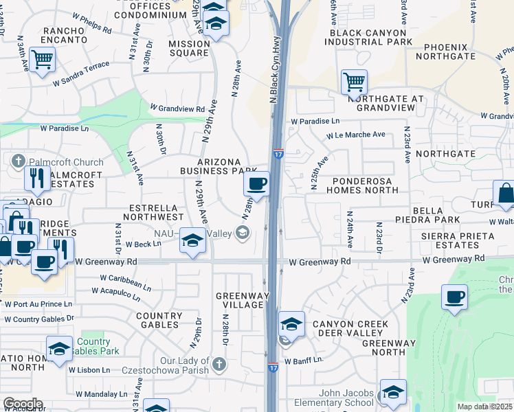 map of restaurants, bars, coffee shops, grocery stores, and more near 15601 North 28th Avenue in Phoenix
